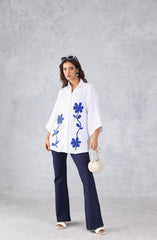 White Blue Petal Floral Embroidered Shirt