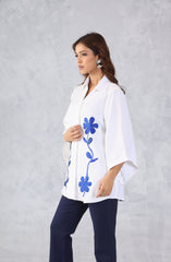 White Blue Petal Floral Embroidered Shirt