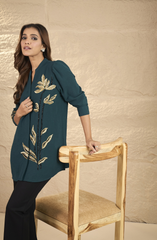 Bottle Green Gold Leaf Embellished Shirt