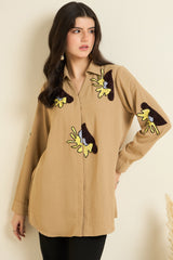 Beige Embellished Button Down Shirt