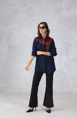 Navy Blue & Red Abstract Embellished Shirt