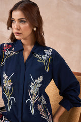 Navy Blue Floral Embroidered Shirt