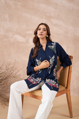 Navy Blue Floral Embroidered Shirt