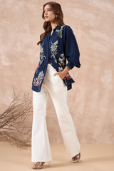 Navy Blue Floral Embroidered Shirt