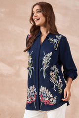 Navy Blue Floral Embroidered Shirt