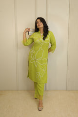 Lime Green Floral Embroidered Kurta Set