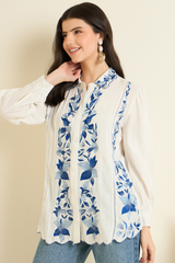 White Floral Embroidered Shirt