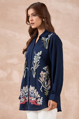 Navy Blue Floral Embroidered Shirt