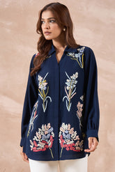 Navy Blue Floral Embroidered Shirt