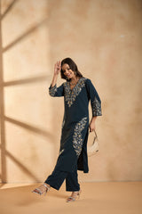 Royal Teal Bloom Embroidered Kurta Set