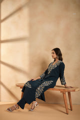 Royal Teal Bloom Embroidered Kurta Set