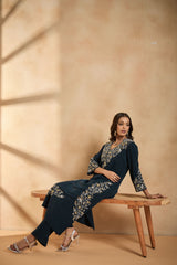 Royal Teal Bloom Embroidered Kurta Set