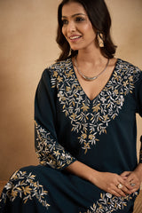 Royal Teal Bloom Embroidered Kurta Set