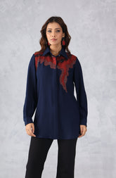 Navy Blue & Red Abstract Embellished Shirt