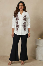 Linen Floral Embroidered Straight Shirt