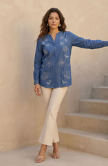 Blue Cotton Denim Floral Embroidered Shirt