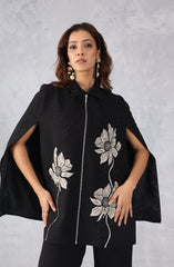 Black Embroidered Cape Style Co-Ord Set