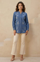 Blue Cotton Denim Floral Embroidered Shirt