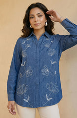 Blue Cotton Denim Floral Embroidered Shirt