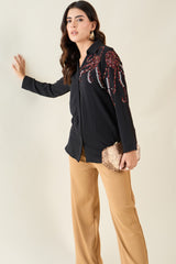 Black One Side Motif Embellished Shirt