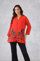 Red Embellished Zipper Top