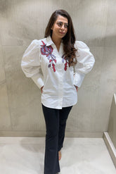 White Puff Sleeves Floral Embellished Shirt
