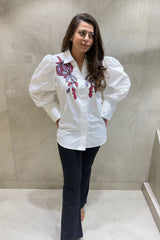 White Puff Sleeves Floral Embellished Shirt