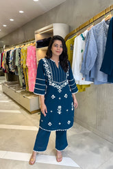 Teal Georgette Rayon Embroidered Co-ord Set