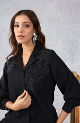 Midnight Bloom Black Floral Embellished Shirt