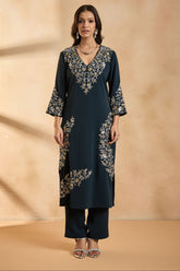 Royal Teal Bloom Embroidered Kurta Set