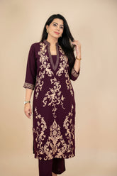Wine Embroidered Kurta Set
