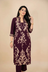 Wine Embroidered Kurta Set