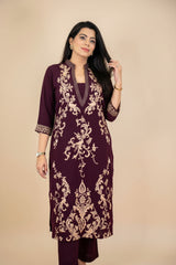 Wine Embroidered Kurta Set