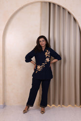 Navy Blue Gold Leaf Embroidered Co-ord Set