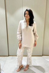 Neutral Cotton Linen Embroidered Co-ord Set