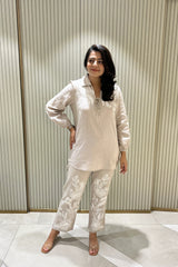 Neutral Cotton Linen Embroidered Co-ord Set