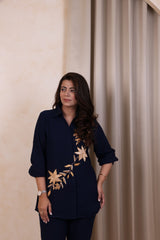 Navy Blue Gold Leaf Embroidered Co-ord Set