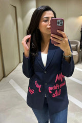 Navy Blue Embroidered Blazer