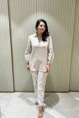 Neutral Cotton Linen Embroidered Co-ord Set