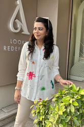 White Cotton Shirt with Funky Motif