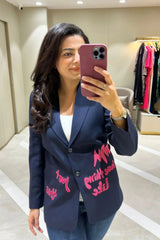 Navy Blue Embroidered Blazer