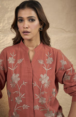 Rust Orange Floral Embroidered Shirt