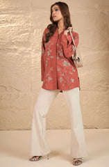 Rust Orange Floral Embroidered Shirt