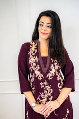 Wine Embroidered Kurta Set
