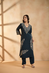 Royal Teal Bloom Embroidered Kurta Set