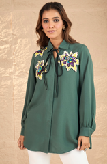 Embellished Knot Style Bottle Green Shirt