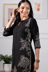 Black and Beige Embroidered Kurta Set