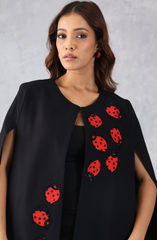 Black Formal Cape with Red Contrast Embroidery