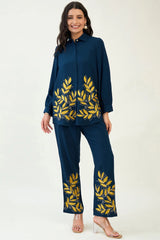 Navy Blue Leaf Embroidered Co-ord set