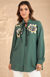 Embellished Knot Style Bottle Green Shirt